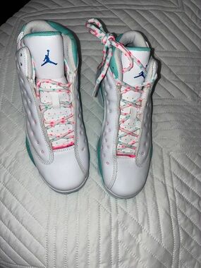 Nike White Teal Pink Girls' Basketball Sneakers
